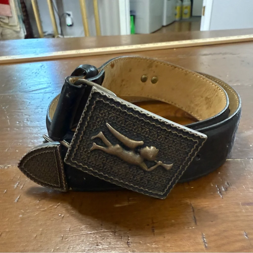 American Angel Black Leather Belt with Angel Buckle size Small